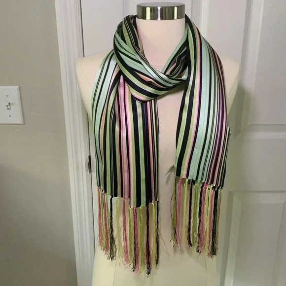 Talbots silk scarf multicolor stripes with fringe - Picture 6 of 6